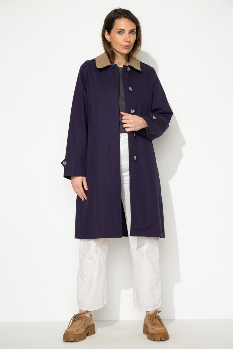 MAROCA - Trench long 100% coton déperlant et velours marine Navy / Marine - Trench & Coat