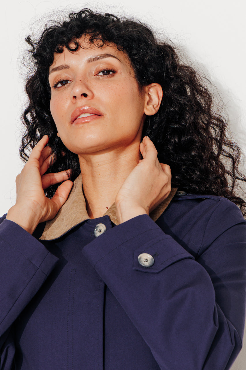 MAROCA - Trench long 100% coton déperlant et velours marine Navy / Marine - Trench & Coat
