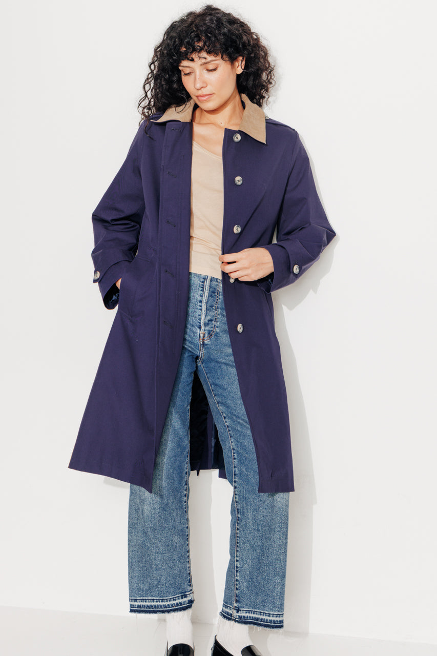 MAROCA - Trench long 100% coton déperlant et velours marine Navy / Marine - Trench & Coat