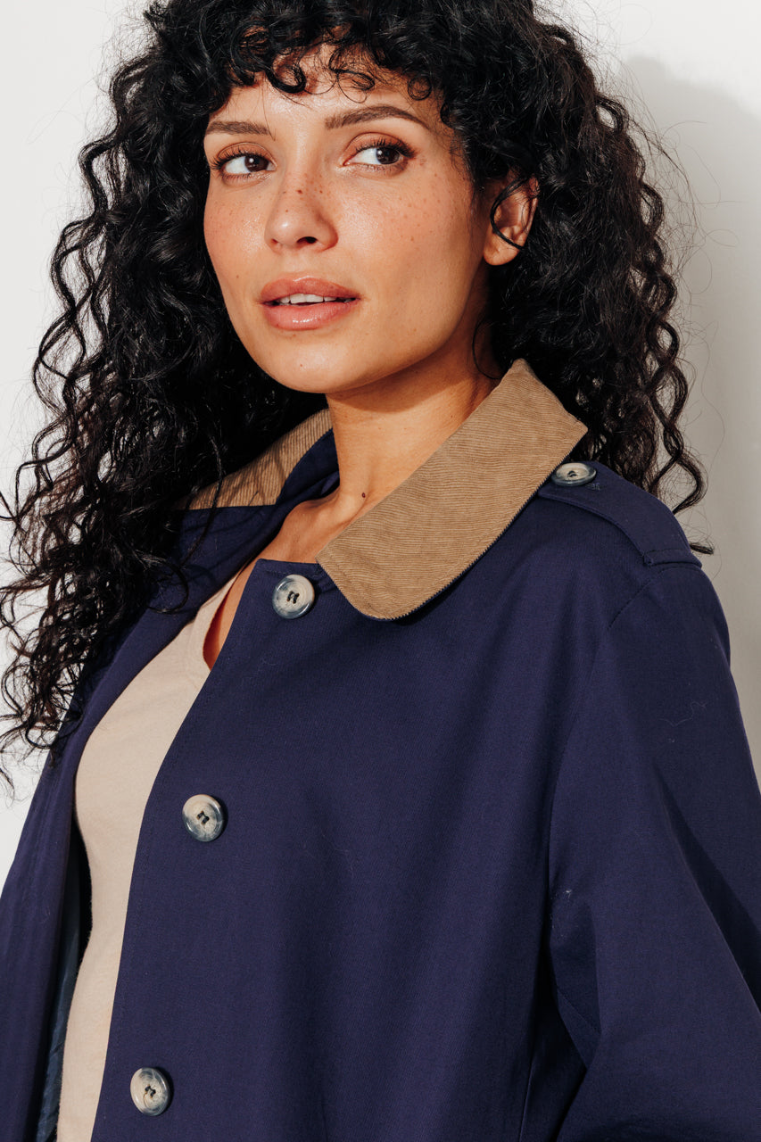 MAROCA - Trench long 100% coton déperlant et velours marine Navy / Marine - Trench & Coat