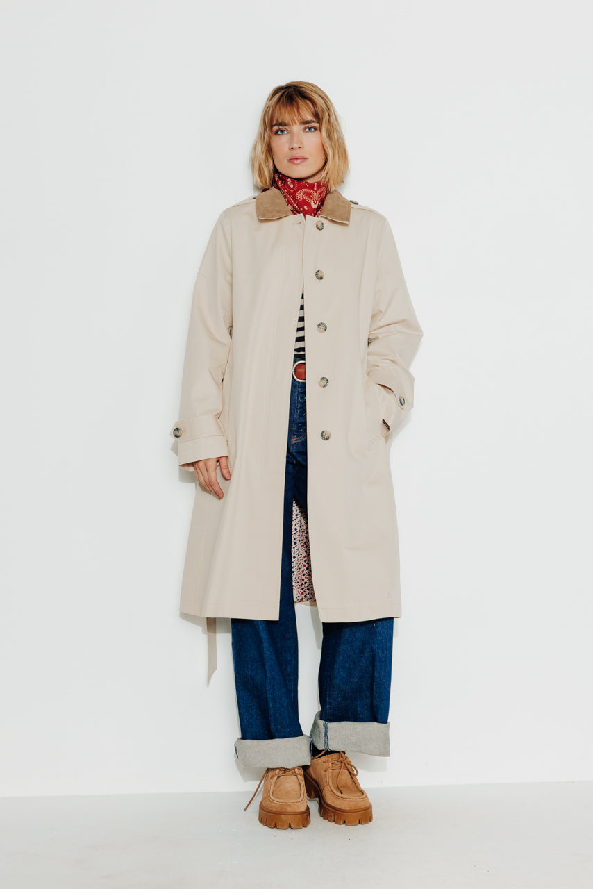 MAROCA - Trench long 100% coton déperlant et velours beige BEIGE - Trench & Coat
