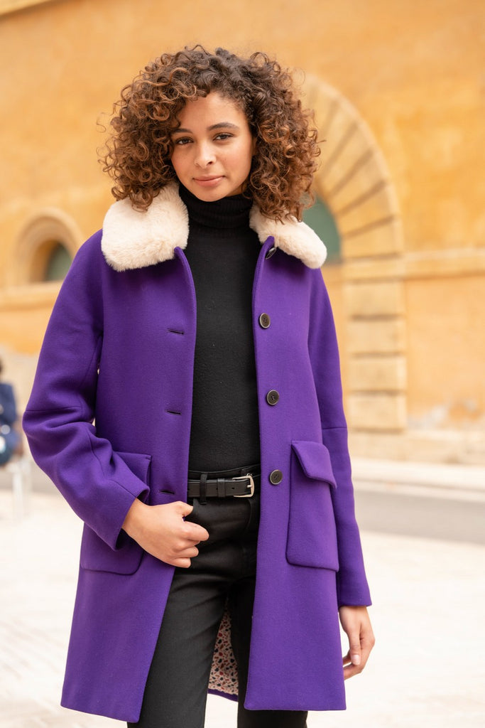 Manteau Mouzon laine vierge violet-Manteau évasé en drap de laine vierge violet