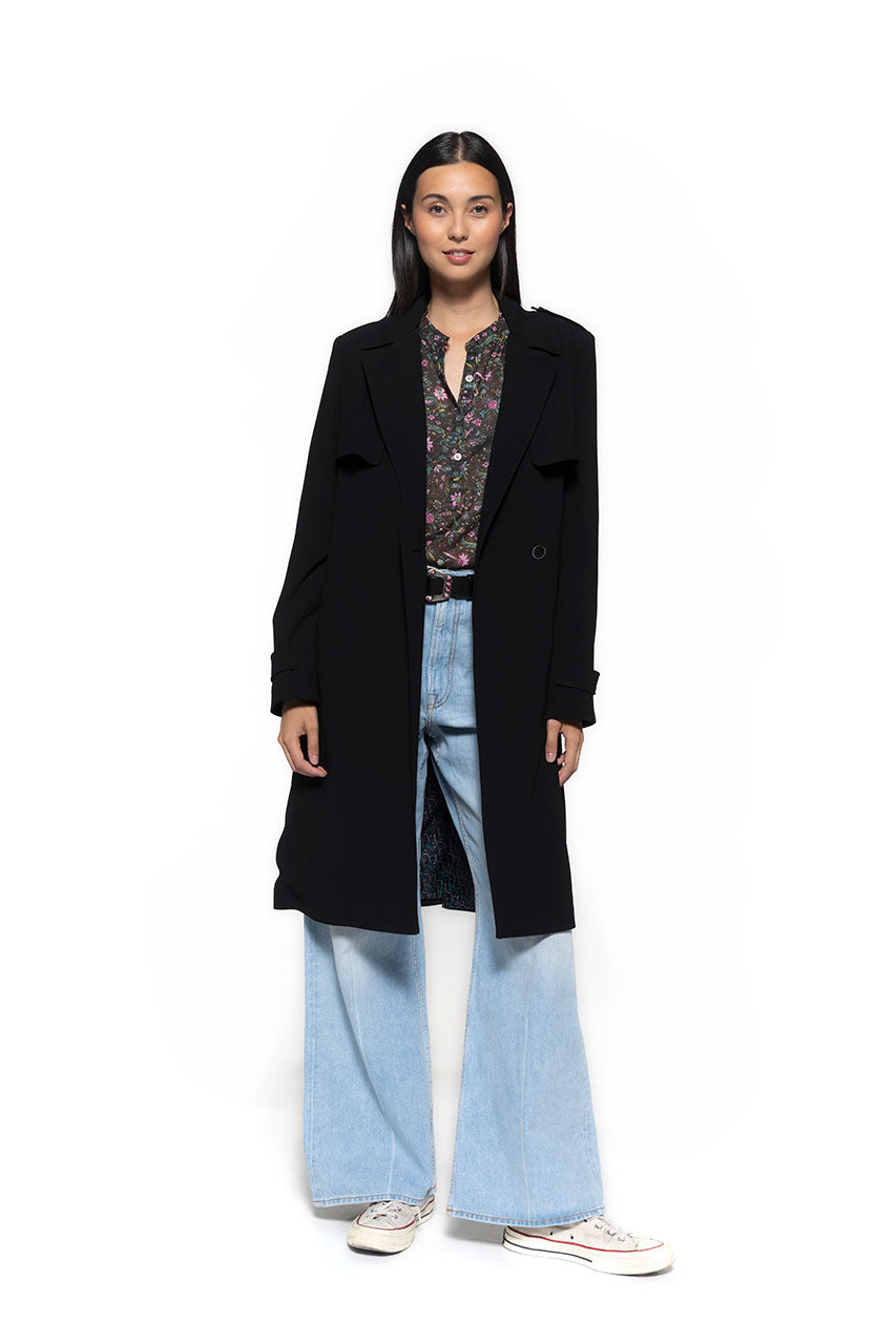 Trench noir BEDELINE-Trench en tissu fluide noir