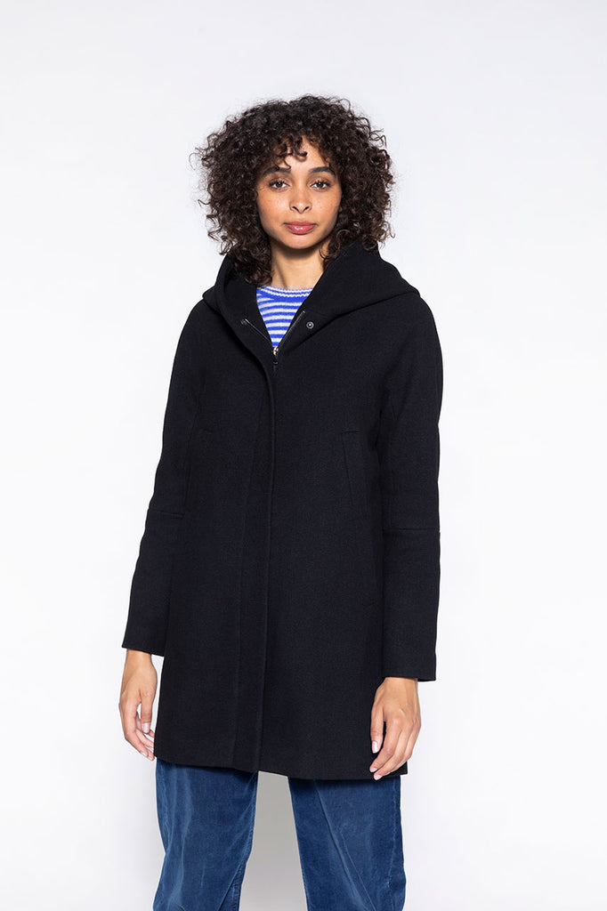 Manteau chaud Berning laine vierge noir-Manteau à capuche en drap de laine noir