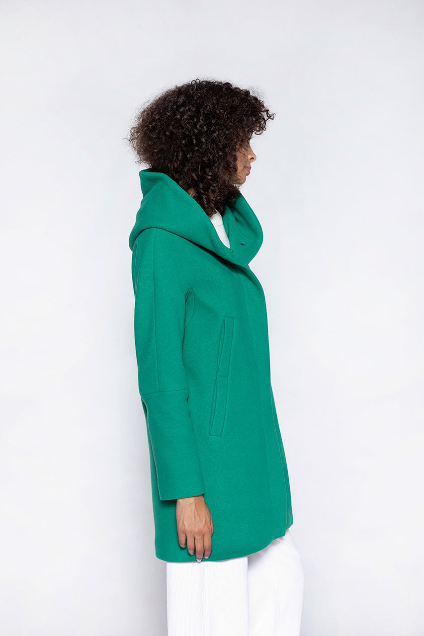 Berning warm coat in green virgin wool-Hooded coat in green wool cloth