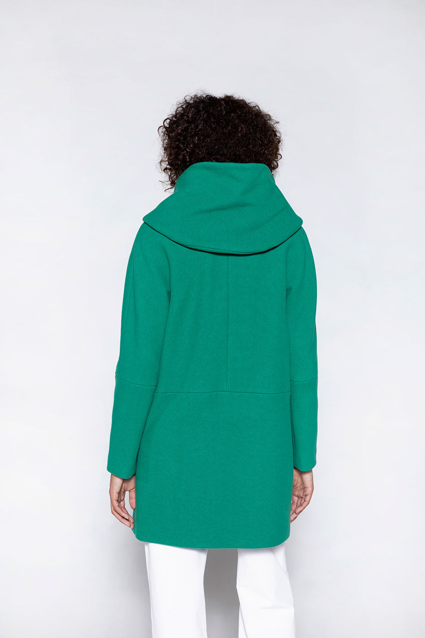 Berning warm coat in green virgin wool-Hooded coat in green wool cloth