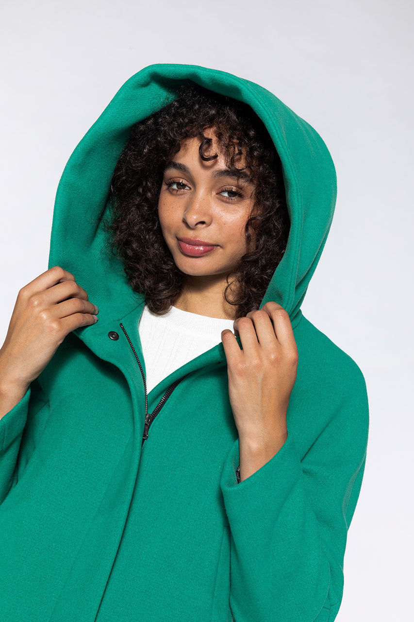 Berning warm coat in green virgin wool-Hooded coat in green wool cloth