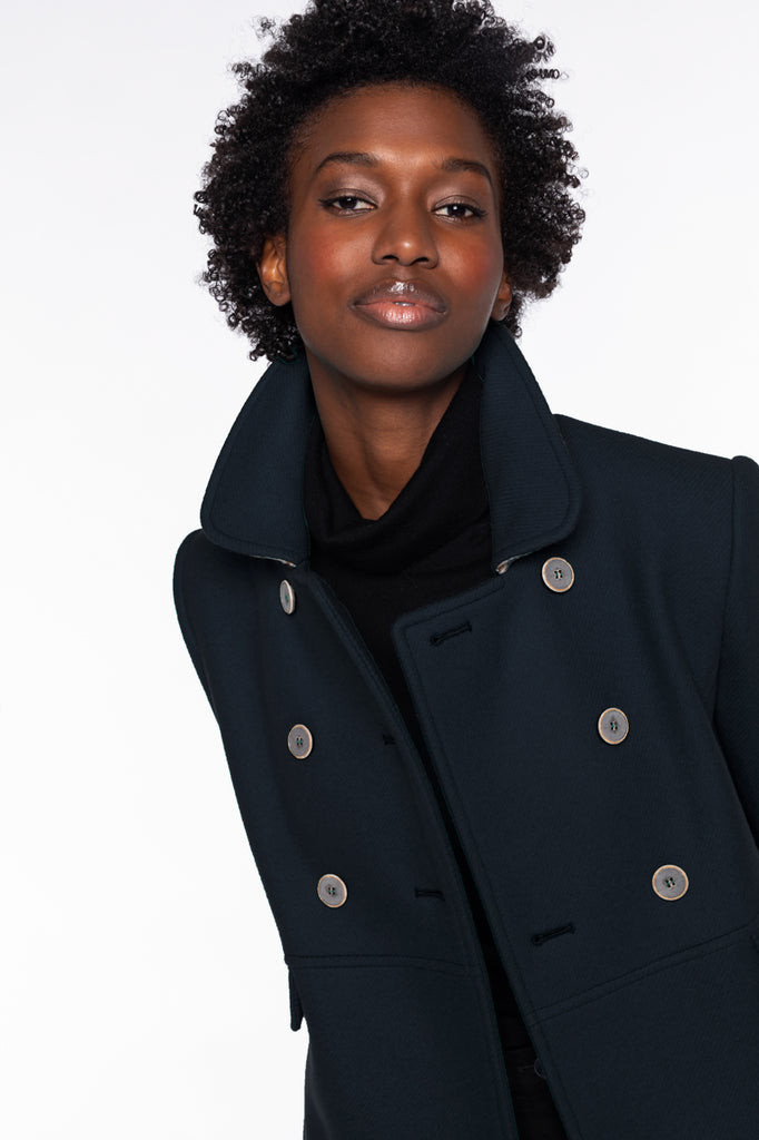 Manteau CHABOTTES-Manteau rétro en drap de laine bleu marine