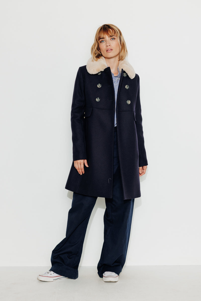 Manteau court féminin en drap de laine bleu marine- Trench Coat