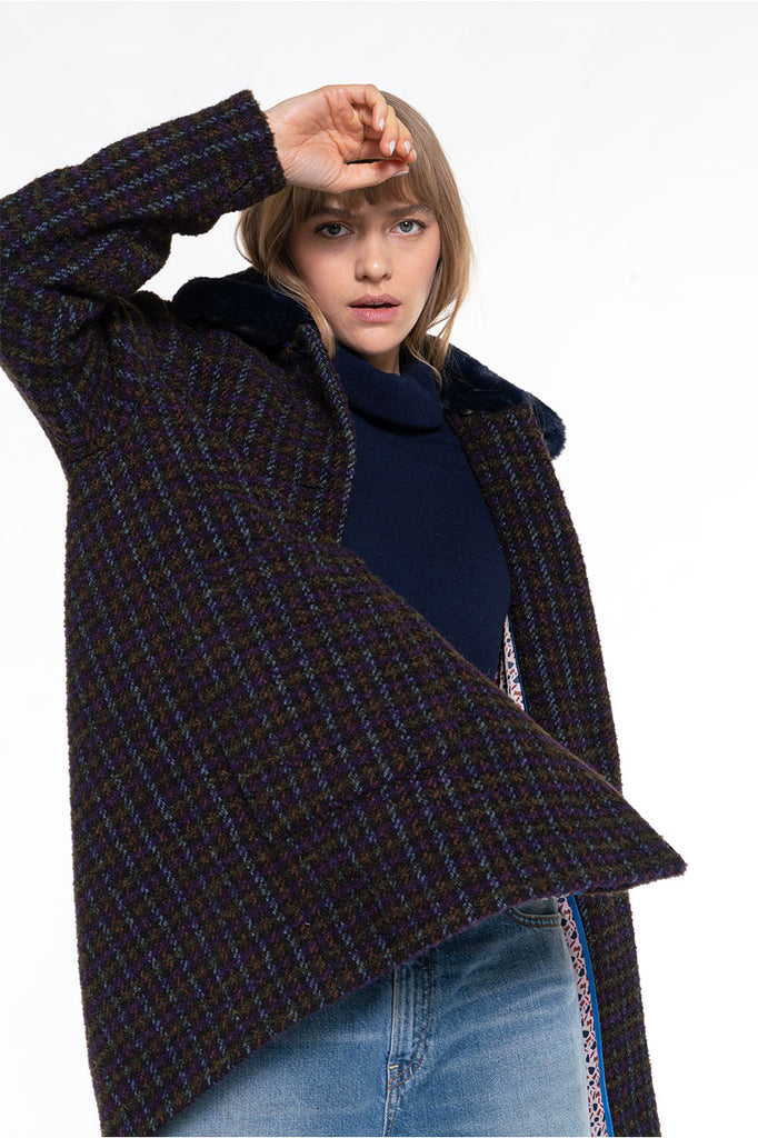 Manteau court Costaros carreaux violet-Manteau court à carreaux violet et kaki esprit bouclette