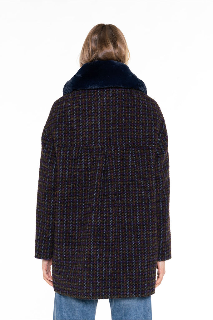 Manteau court Costaros carreaux violet-Manteau court à carreaux violet et kaki esprit bouclette