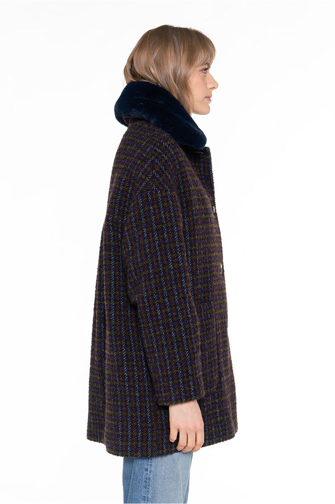 Manteau court Costaros carreaux violet-Manteau court à carreaux violet et kaki esprit bouclette