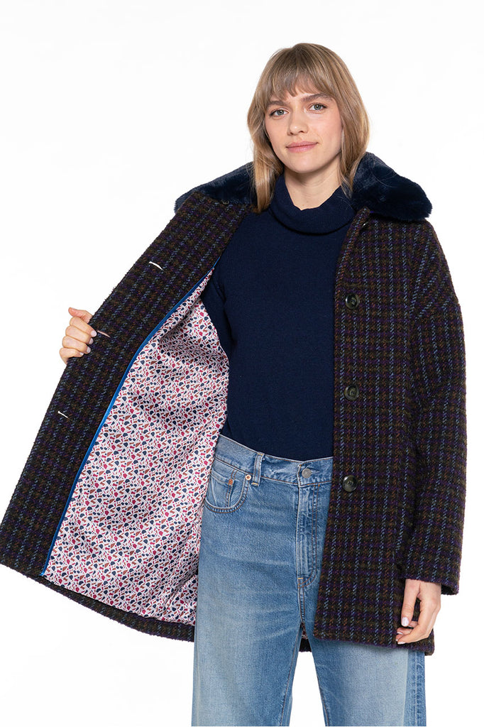 Manteau court Costaros carreaux violet-Manteau court à carreaux violet et kaki esprit bouclette