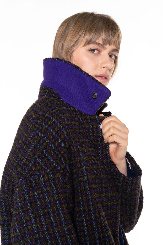 Manteau court Costaros carreaux violet-Manteau court à carreaux violet et kaki esprit bouclette