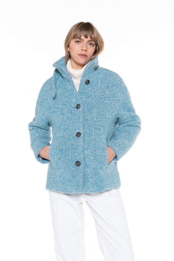 Manteau SOMAIN-Manteau court col montant en tweed bleu turquoise