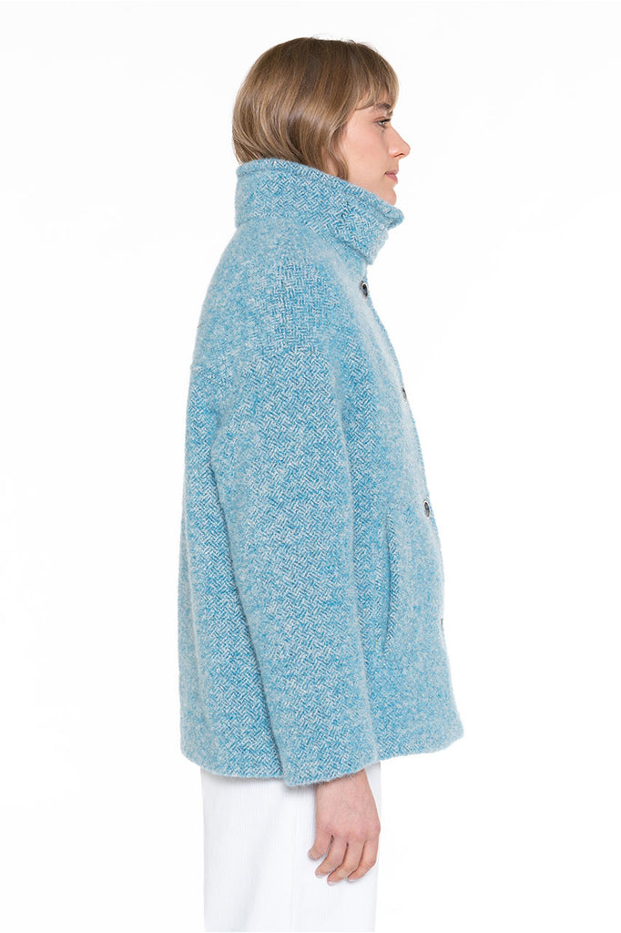 Manteau SOMAIN-Manteau court col montant en tweed bleu turquoise