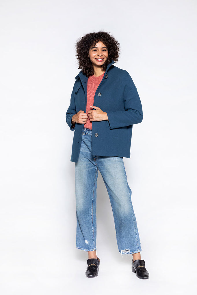 Manteau SOMAIN-Manteau court bleu col montant