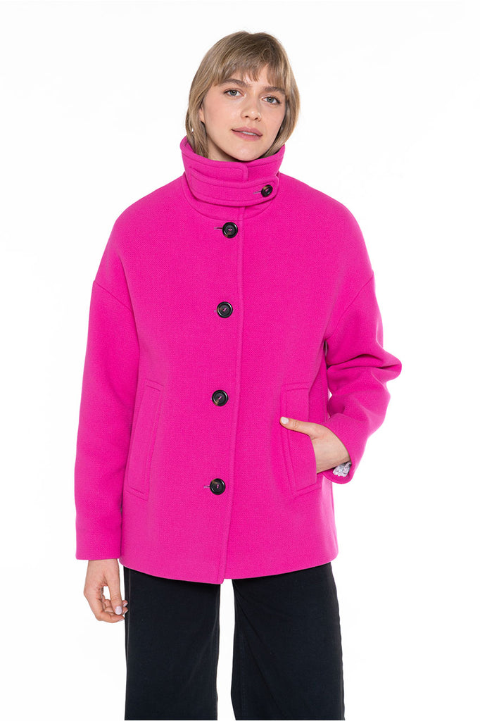 Manteau court Somain fuschia-Manteau court fuschia col montant