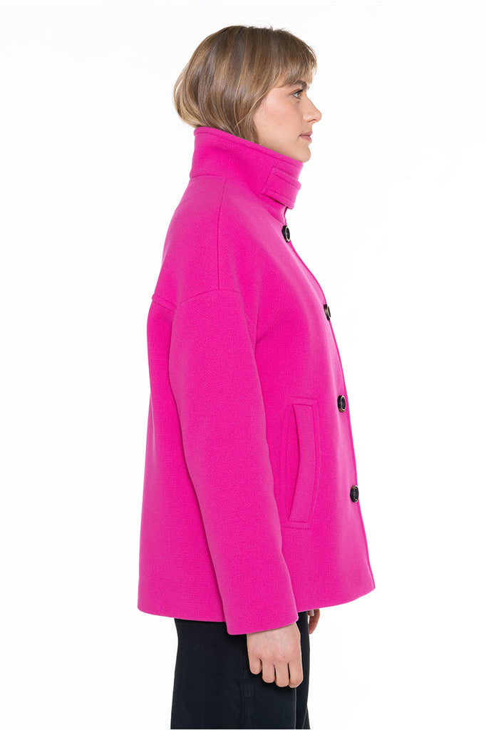 Manteau court Somain fuschia-Manteau court fuschia col montant