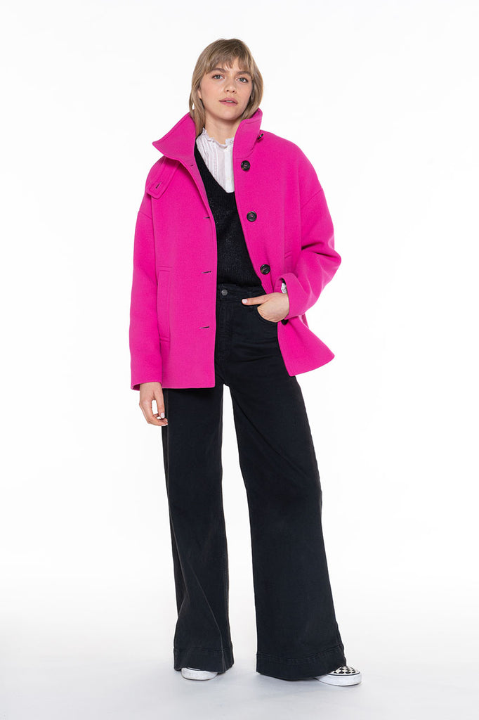 Manteau court Somain fuschia-Manteau court fuschia col montant