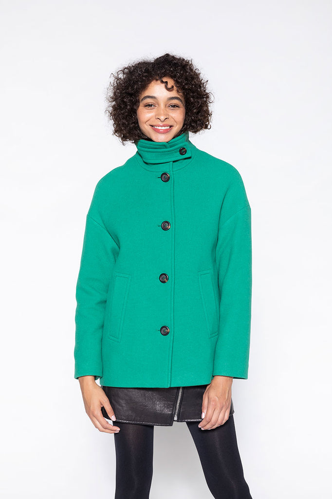 Manteau SOMAIN-Manteau court vert col montant
