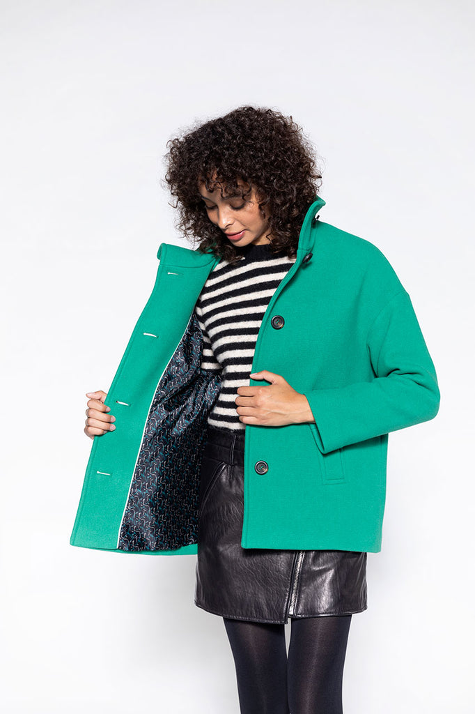 Manteau SOMAIN-Manteau court vert col montant