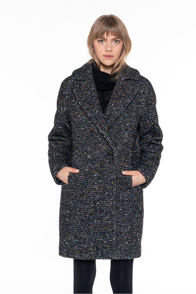 Manteau Cologne tweed noir-Manteau minimaliste en tweed noir
