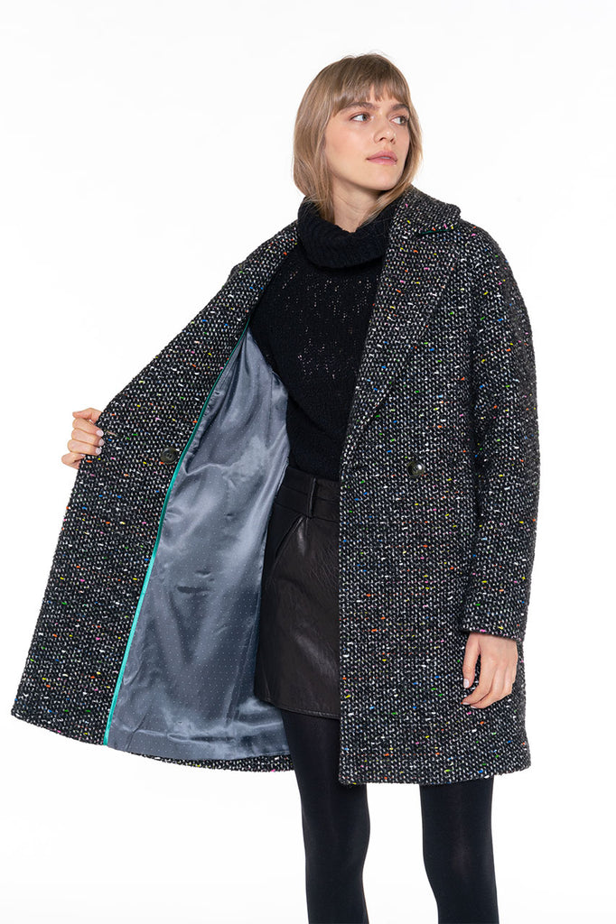 Manteau Cologne tweed noir-Manteau minimaliste en tweed noir