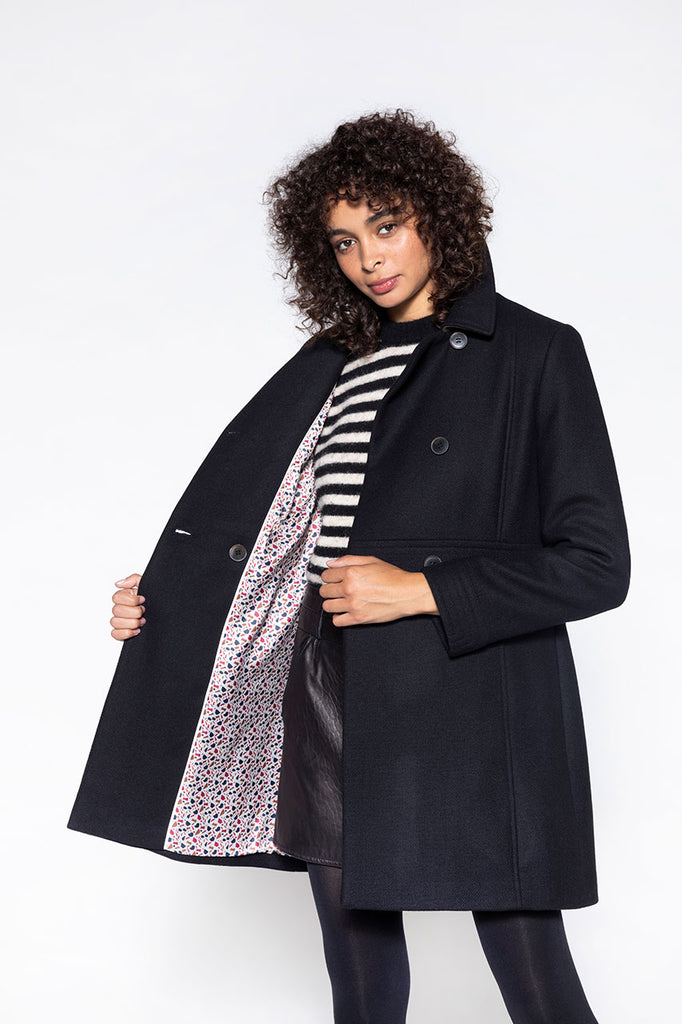 Manteau féminin Colmier noir-Manteau féminin cintré en drap de laine noir
