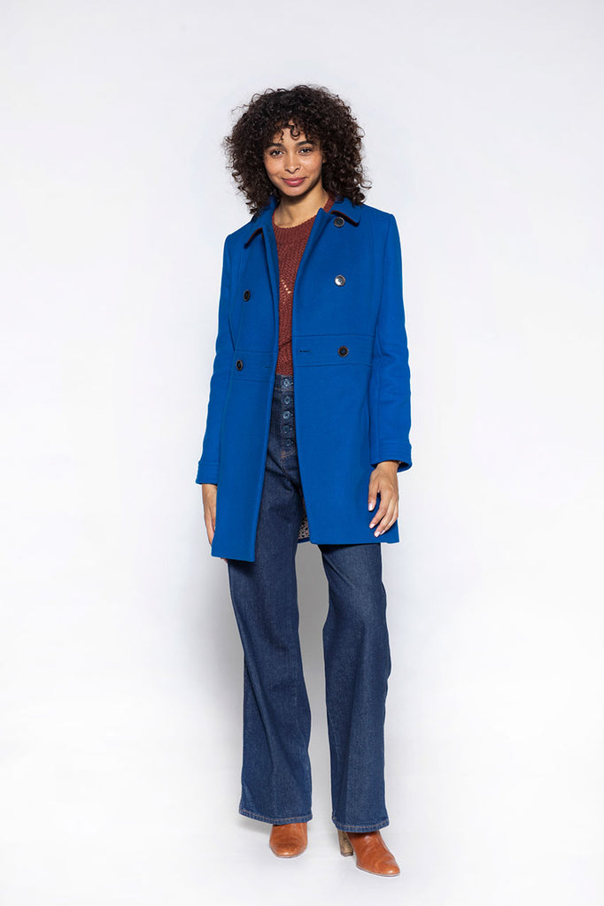 Manteau COLMIER-Manteau féminin cintré en drap de laine bleu