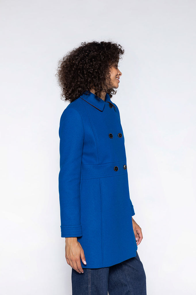 Manteau féminin Colmier bleu-Manteau féminin cintré en drap de laine bleu