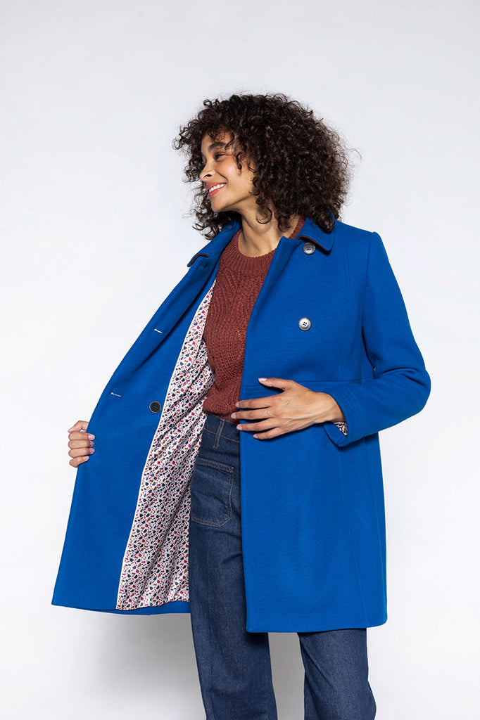 Manteau COLMIER-Manteau féminin cintré en drap de laine bleu
