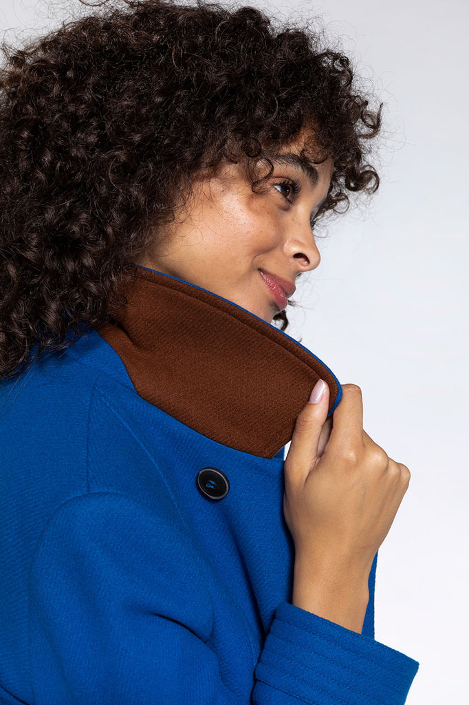 Manteau féminin Colmier bleu-Manteau féminin cintré en drap de laine bleu