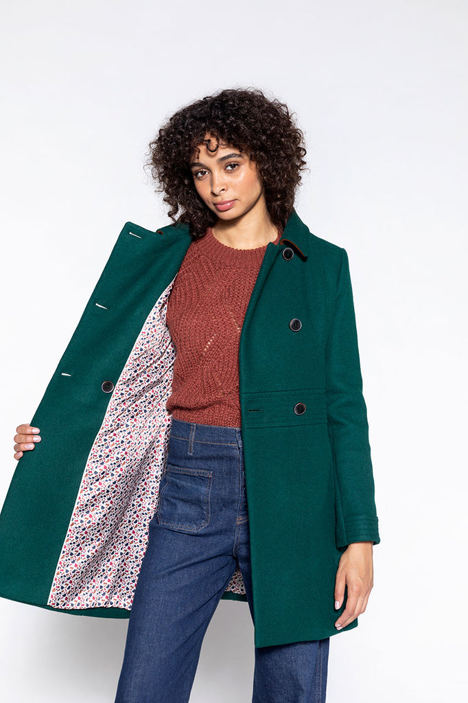 Manteau féminin Colmier vert-Manteau féminin cintré en drap de laine vert
