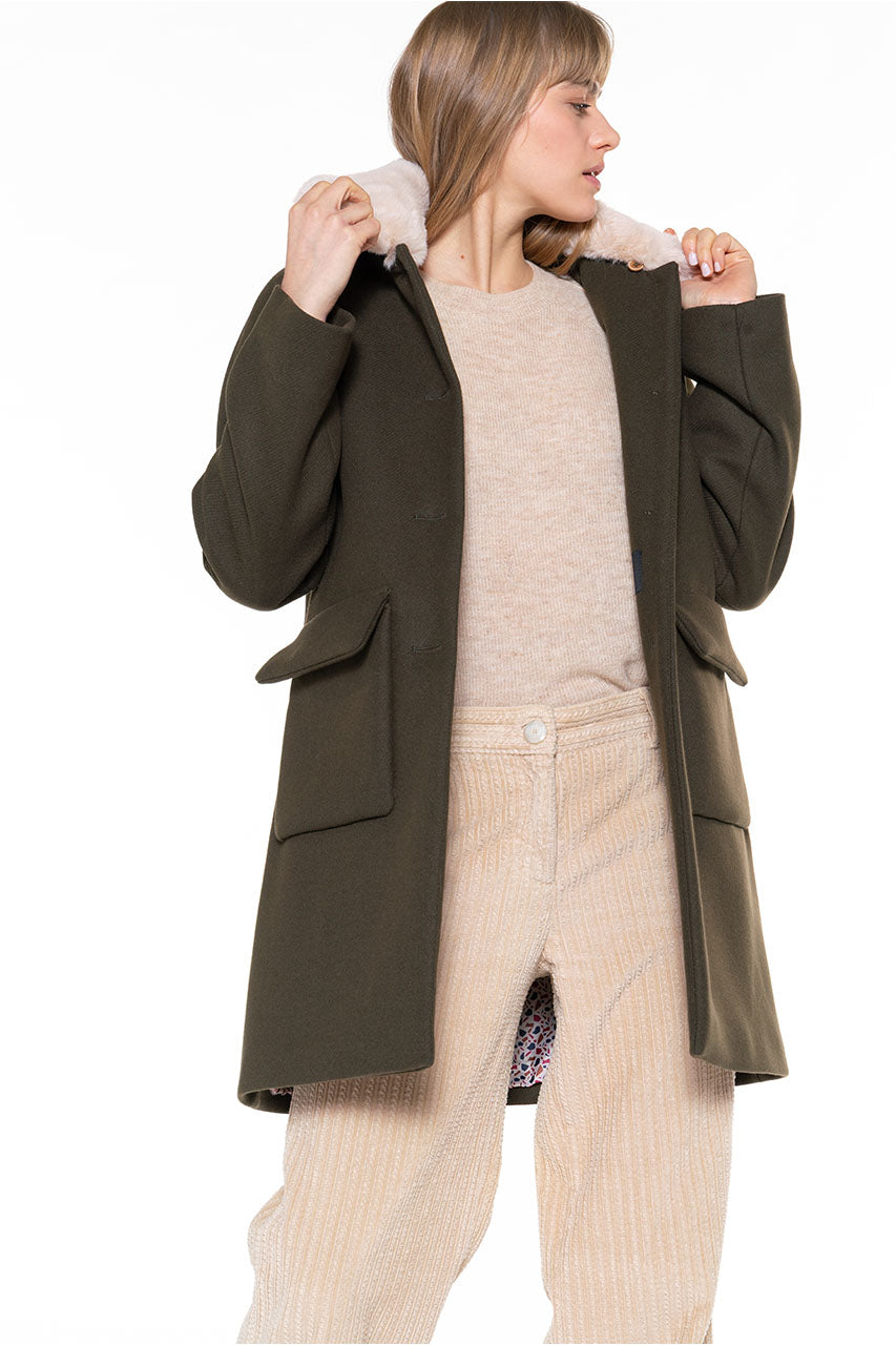 Manteau kaki drap de laine hiver col fausse fourrure Trench