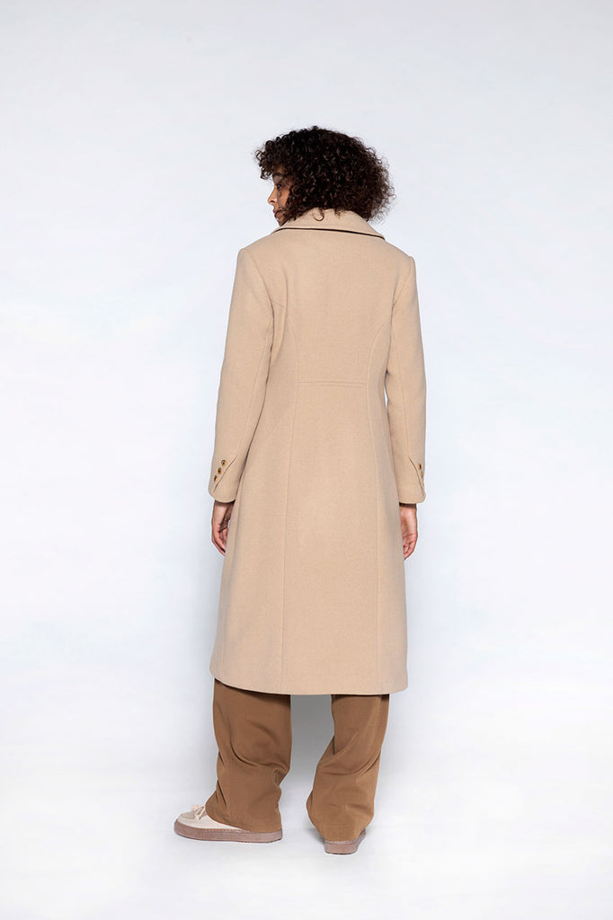 Manteau long Modane laine vierge sable-Redingote longue féminine en drap de laine sable