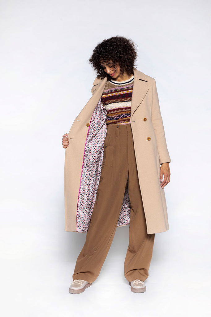 Manteau MODANE-Redingote longue féminine en drap de laine sable