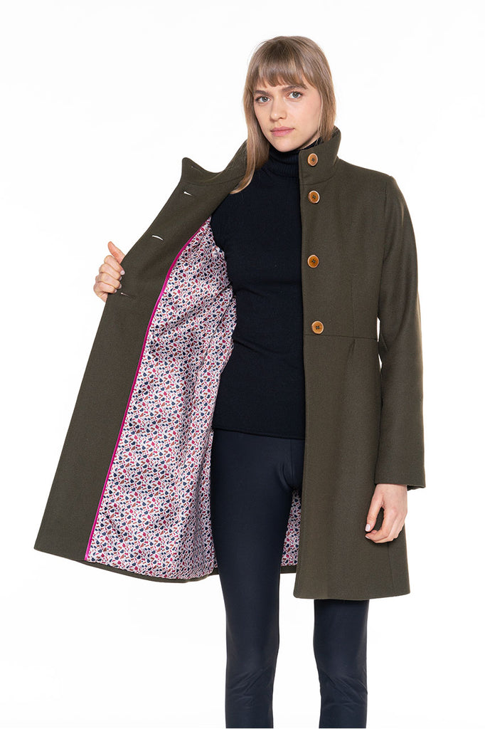 Manteau Rosay laine vierge kaki-Manteau cintré en drap de laine kaki