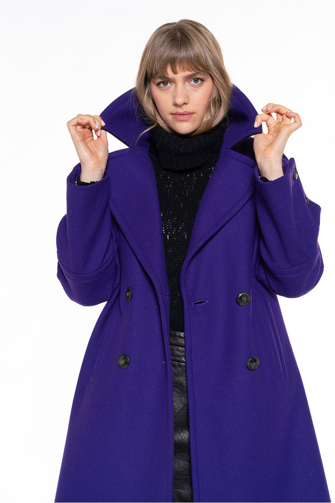 Manteau LARROQUE-Manteau long droit en drap de laine violet