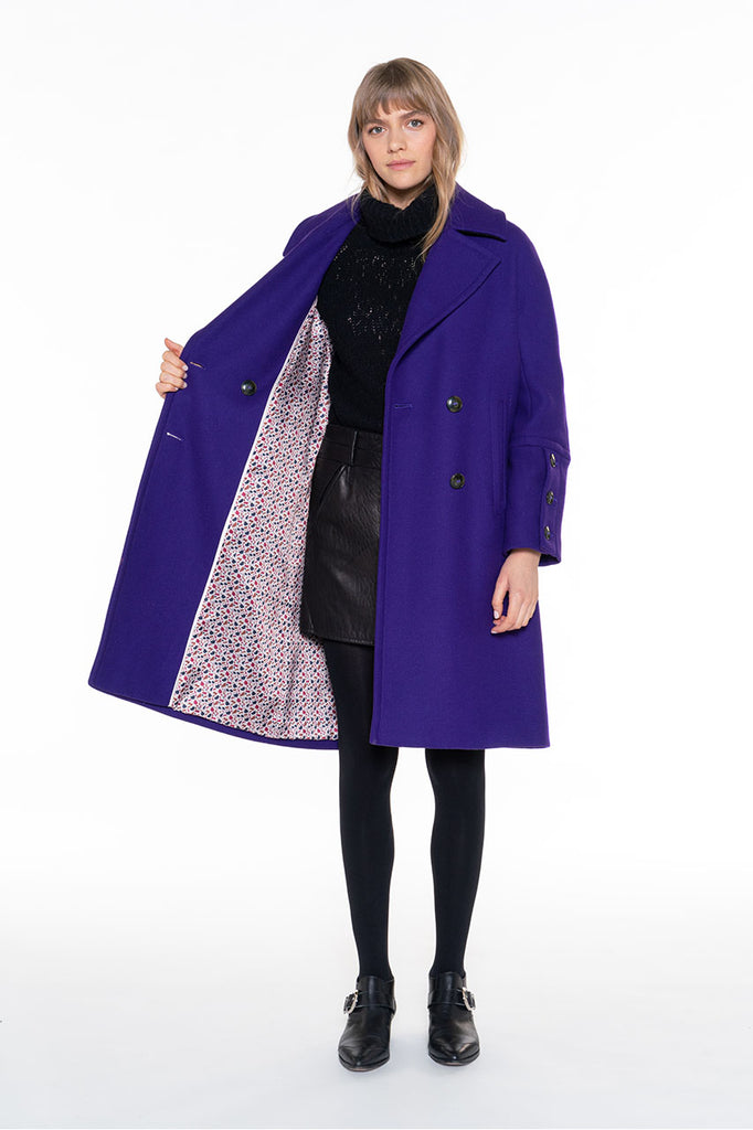 Manteau long Larroque violet-Manteau long droit en drap de laine violet