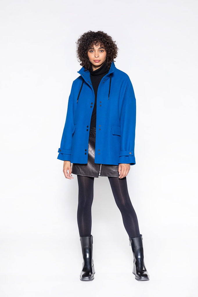 Parka DIEVAL-Parka courte oversize en drap de laine bleue