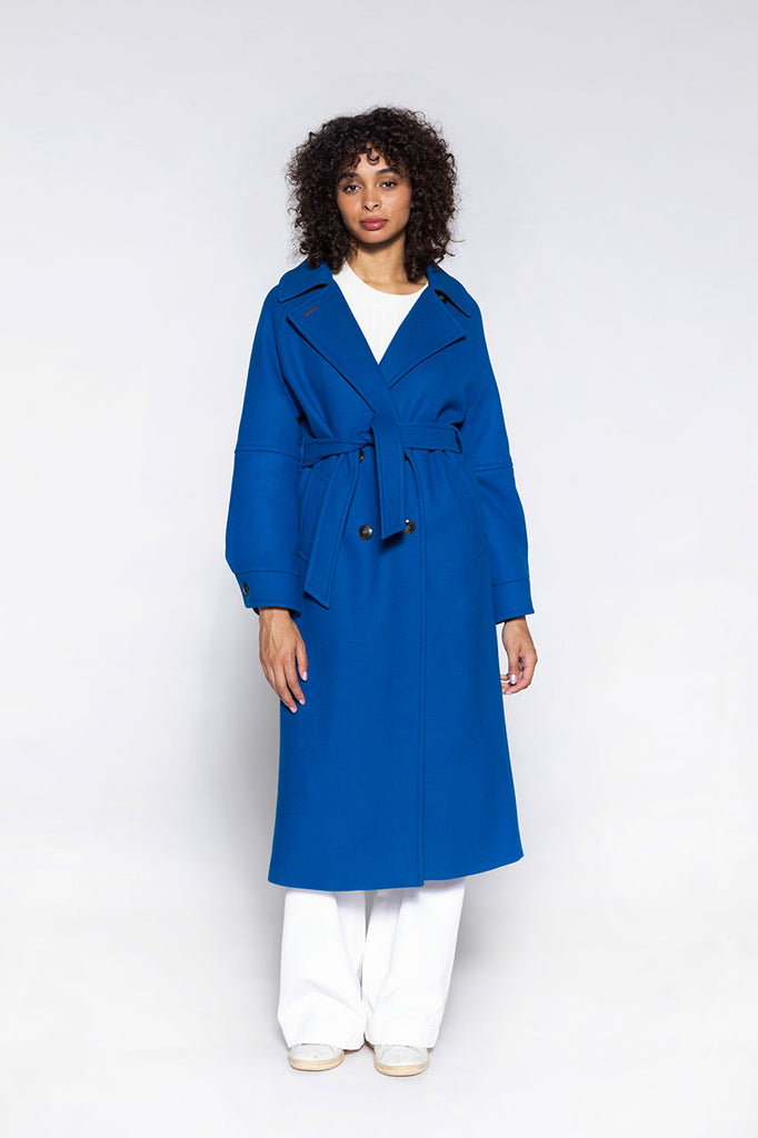 Manteau long Longueil laine vierge bleu-Manteau long ceinturé en drap de laine bleu