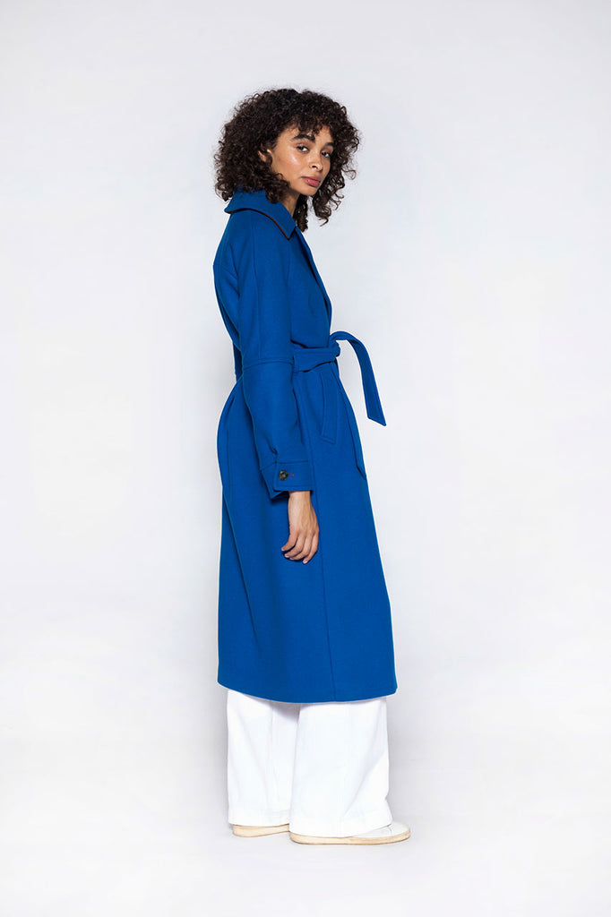 Manteau long Longueil laine vierge bleu-Manteau long ceinturé en drap de laine bleu