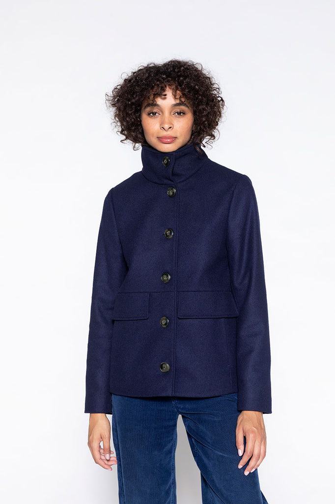 Manteau court Lardy bleu marine-Manteau court en laine vierge bleu marine