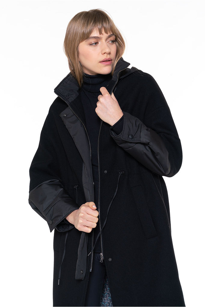 Parka Luzenac laine noire-Parka lainage contrasté en drap de laine noir