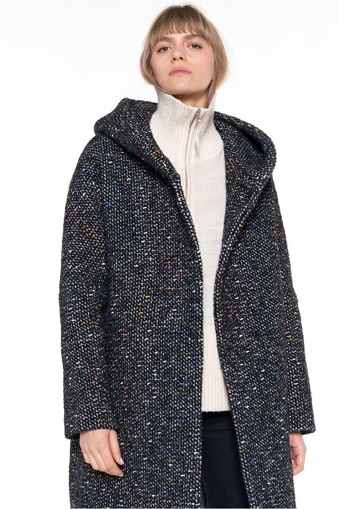 Manteau long chaud Vallon tweed noir-Manteau long à capuche en tweed noir