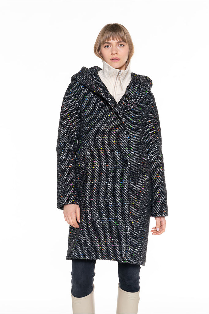 Manteau long chaud Vallon tweed noir-Manteau long à capuche en tweed noir