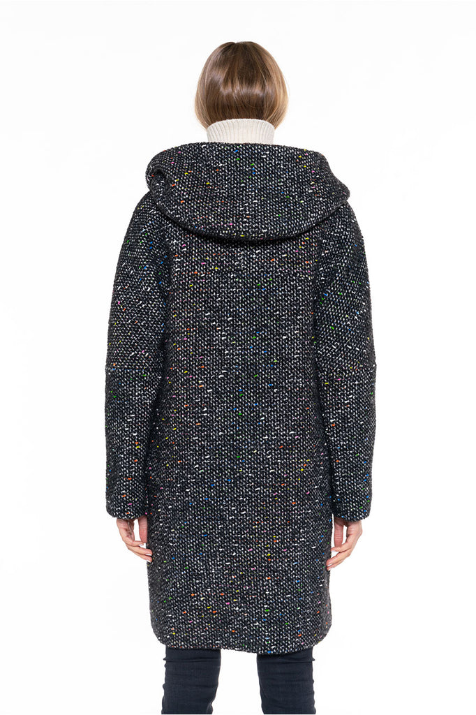Manteau long chaud Vallon tweed noir-Manteau long à capuche en tweed noir
