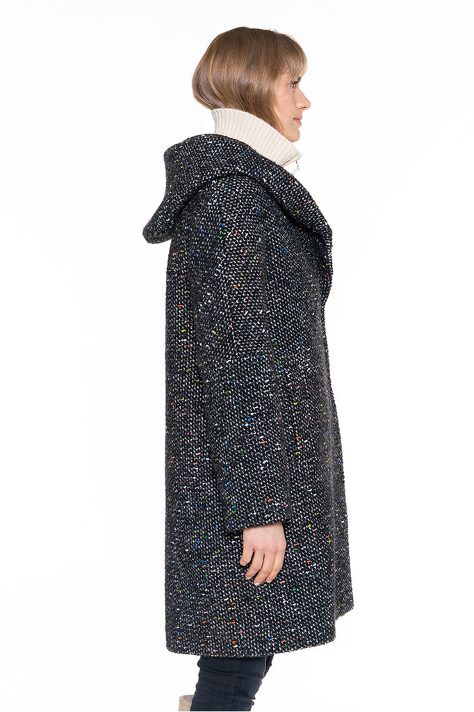 Manteau long chaud Vallon tweed noir-Manteau long à capuche en tweed noir