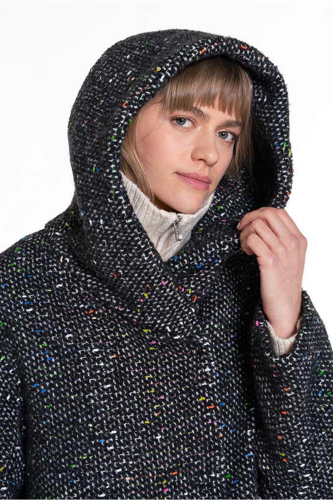 Manteau long chaud Vallon tweed noir-Manteau long à capuche en tweed noir
